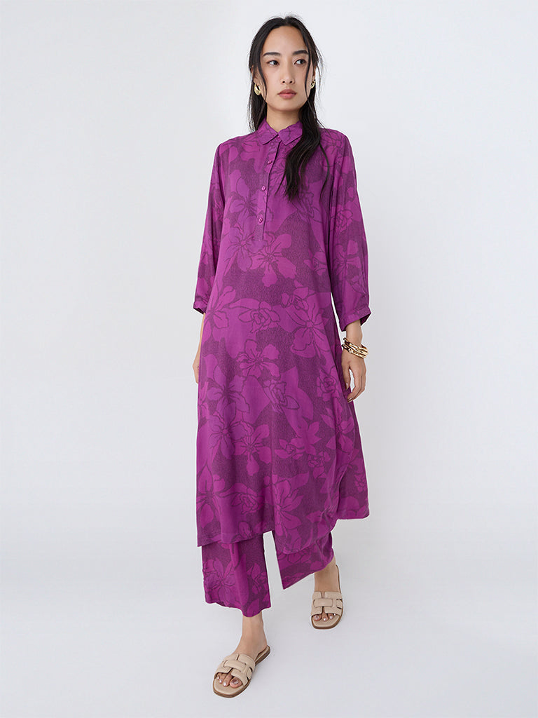 Utsa Plum Floral Pattern Cotton A-Line Kurta