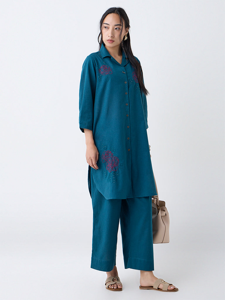 Utsa Teal Floral Embroidered Cotton-Blend A-Line Kurta