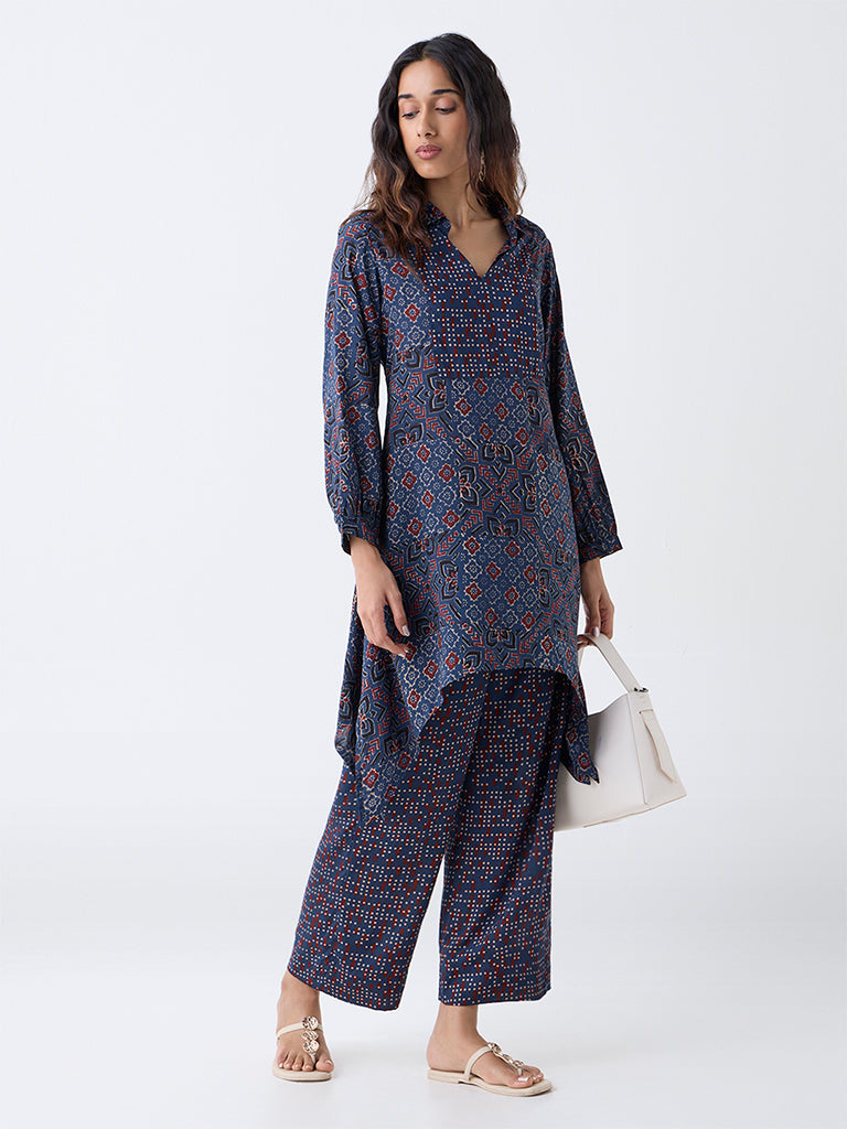 Utsa Indigo Geometric Pattern A-Line Cotton Kurta