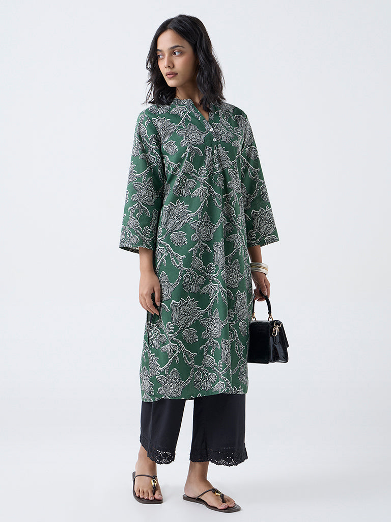 Utsa Dark Green Botanical Pattern Cotton Straight Kurta