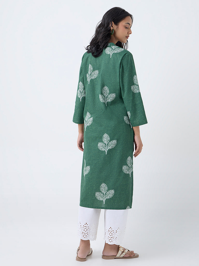 Utsa Green Leaf Design Straight Cotton Kurta
