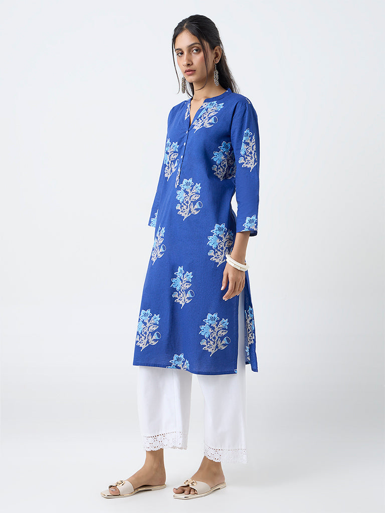 Utsa Blue Floral Pattern Cotton Straight Kurta