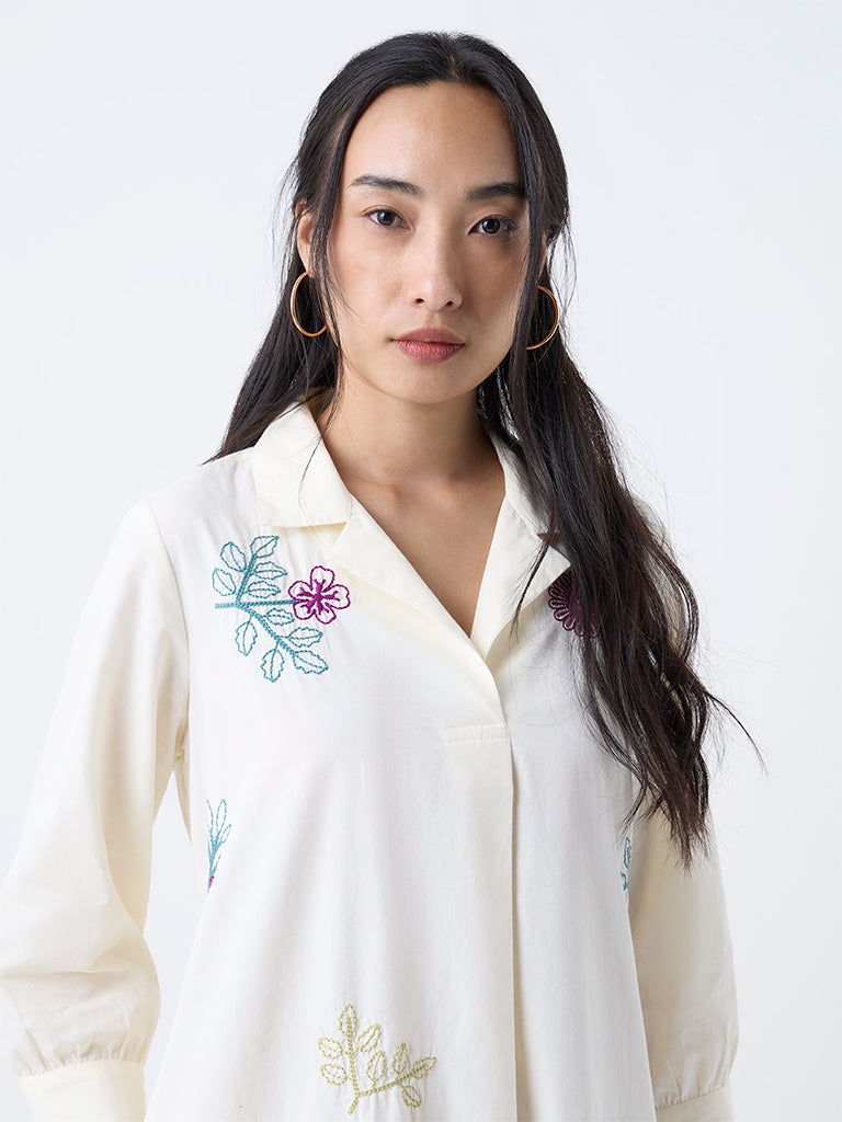Utsa Cream Floral Embroidered Cotton Shirt Dress