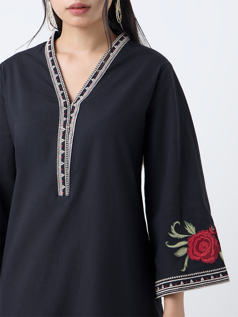 Utsa Black Floral Embroidered Cotton-Blend A-Line Kurta