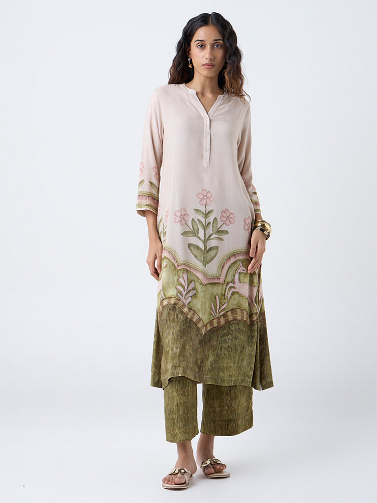 Utsa Beige Floral Pattern A-Line Kurta
