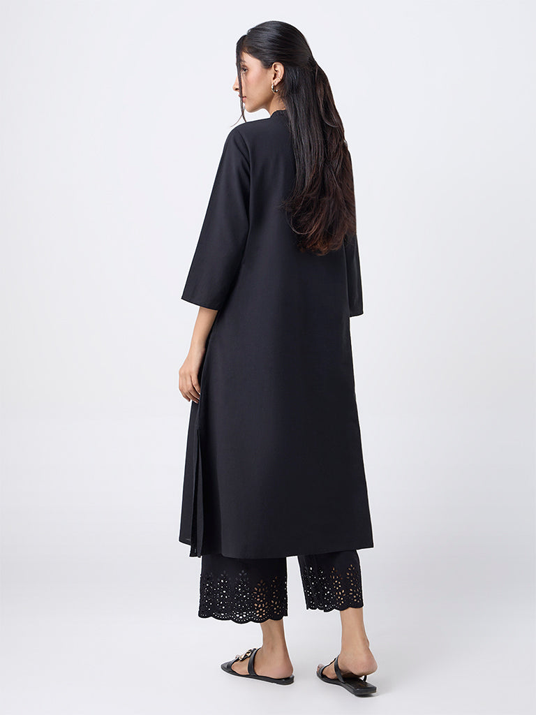 Utsa Black Embroidered Cotton-Blend A-Line Kurta