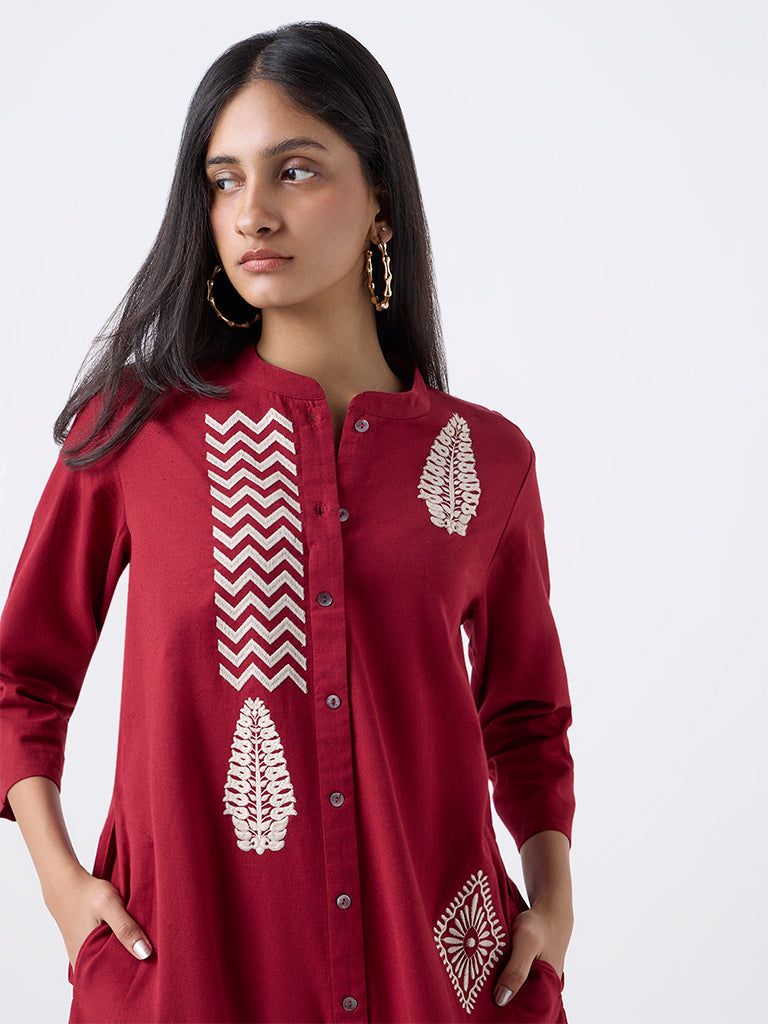 Utsa Red Embroidered Cotton-Blend A-Line Kurta