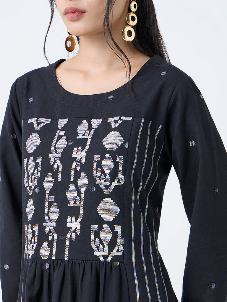Utsa Black Jamdani Embroidered Cotton-Blend A-Line Kurta