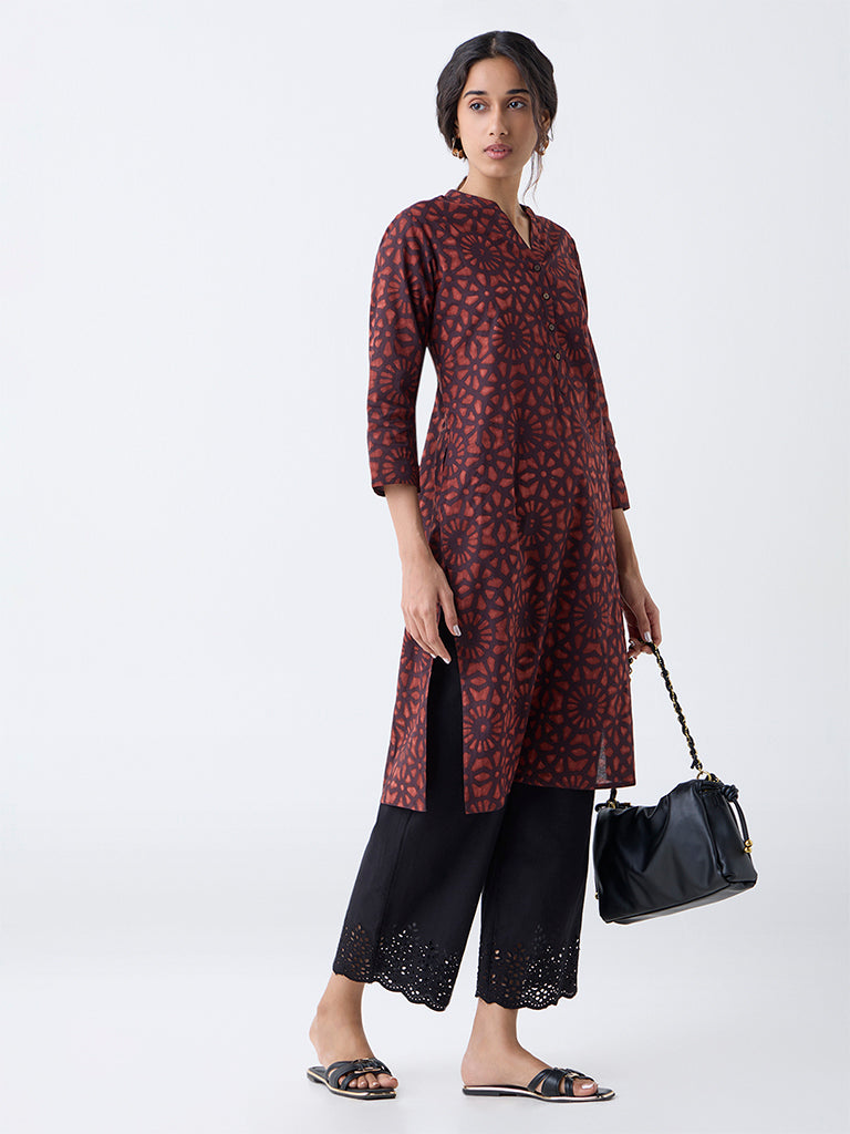 Utsa Rust Geometric Printed Straight Cotton Kurta