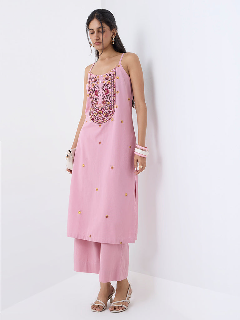 Utsa Dusty Pink Embroidered Cotton-Blend A-Line Kurta