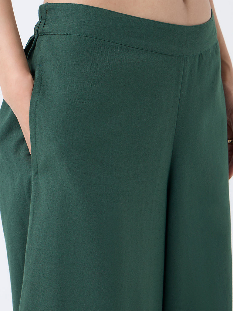 Utsa Jade Green Solid Cotton-Blend Palazzos