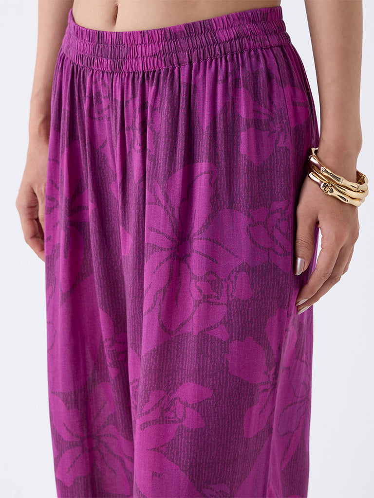 Utsa Plum Floral Design Cotton Ethnic Pants
