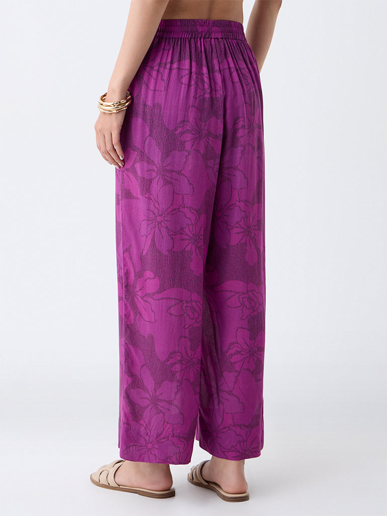 Utsa Plum Floral Design Cotton Ethnic Pants