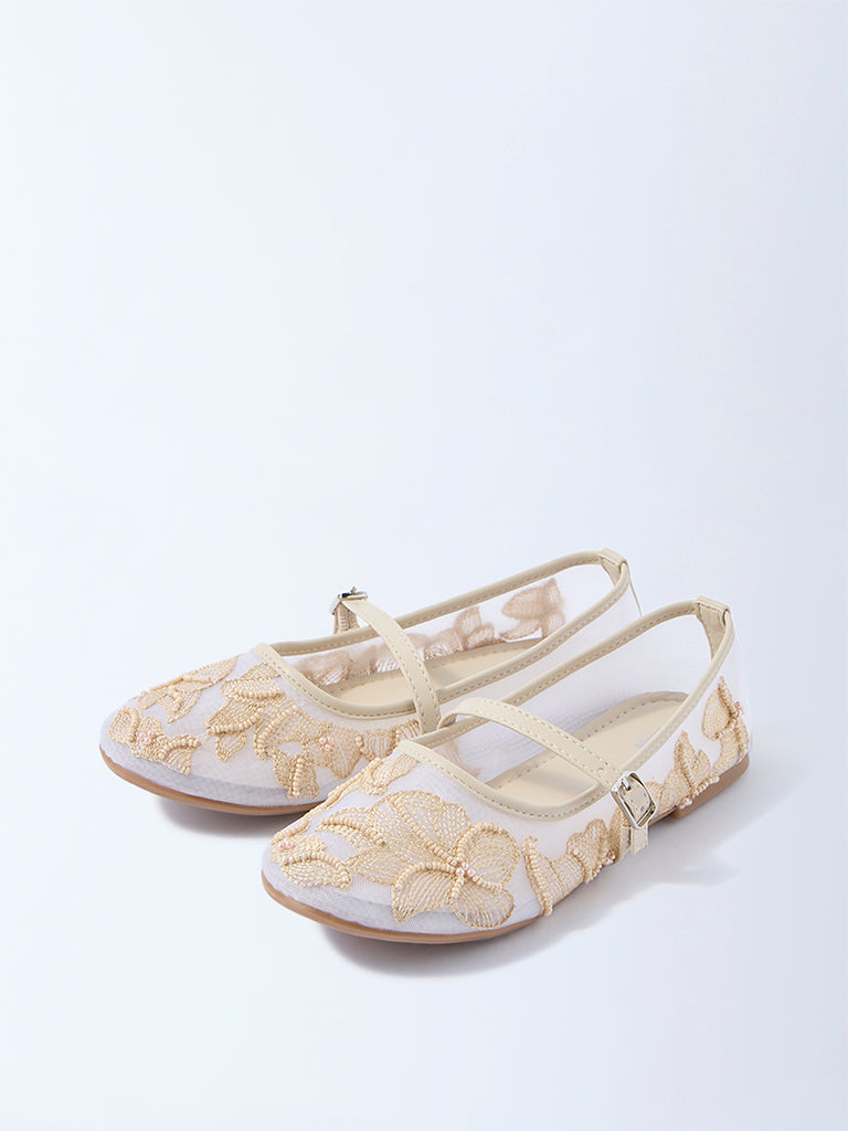 Yellow Beige Floral Embroidered Mary Jane Shoes