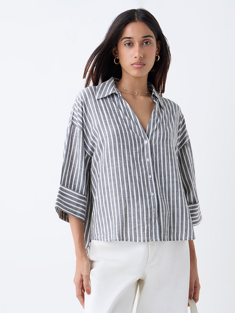 LOV Grey Stripe Printed Blouse