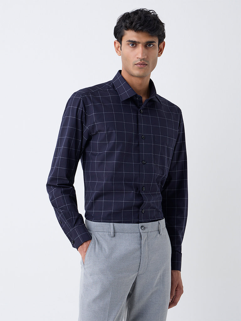 WES Formals Dark Navy Checks Design Relaxed-Fit Cotton Shirt
