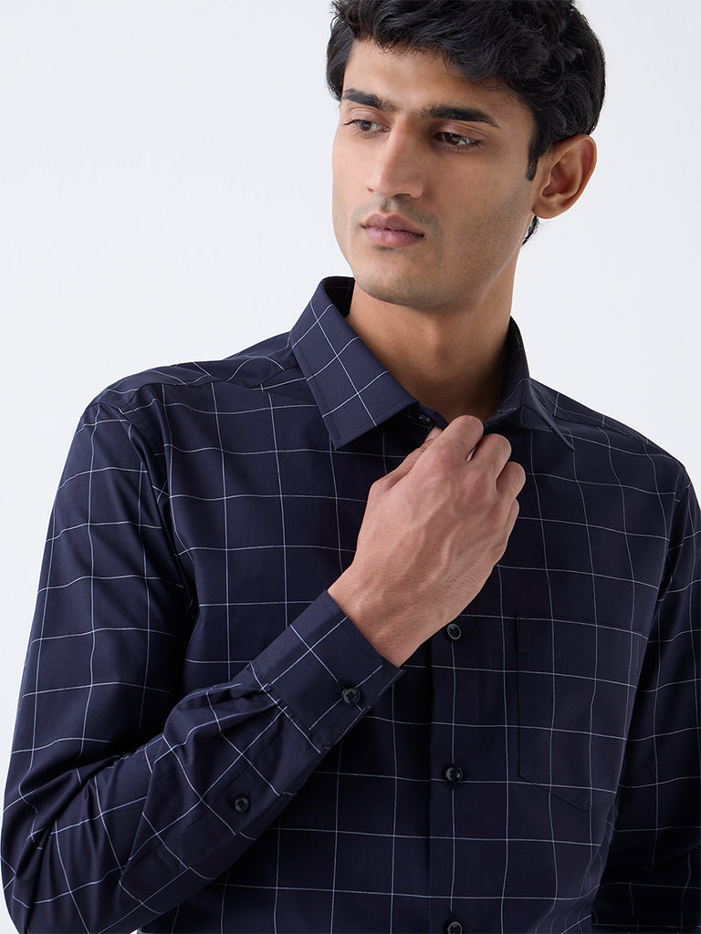 WES Formals Dark Navy Checks Design Relaxed-Fit Cotton Shirt