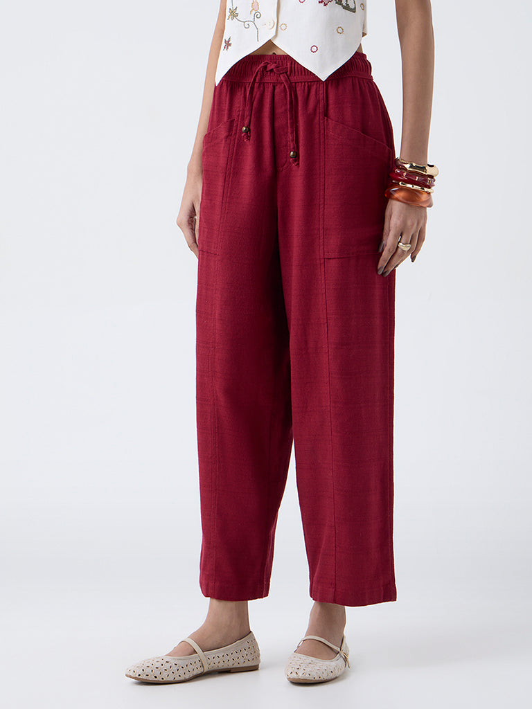 Bombay Paisley Maroon Solid Cotton-Blend Pants