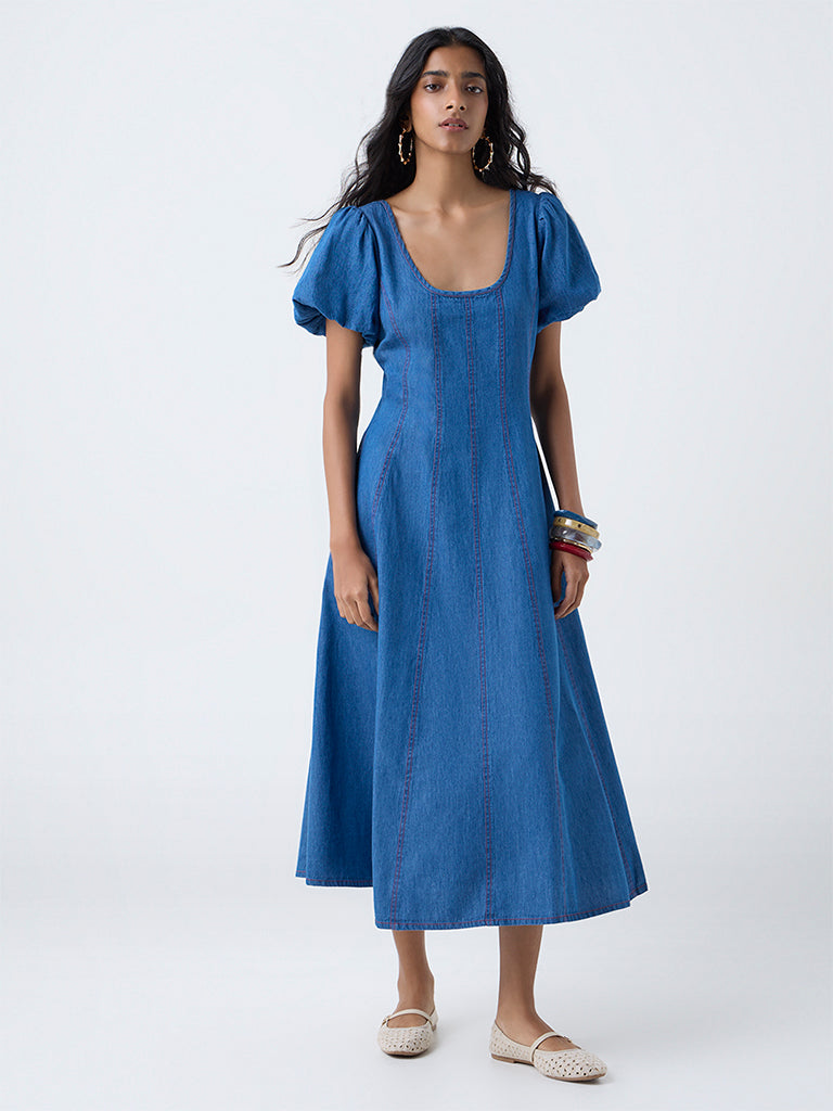 Bombay Paisley Blue Denim A-Line Dress