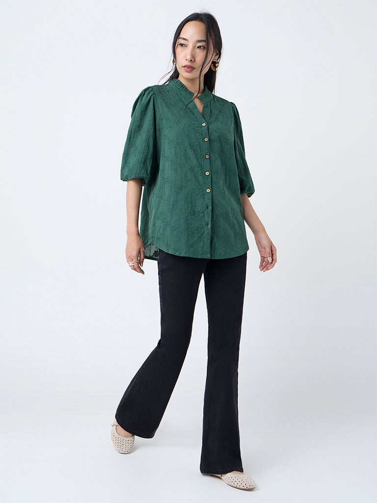 Utsa Emerald Green Floral Embroidered Cotton Tunic