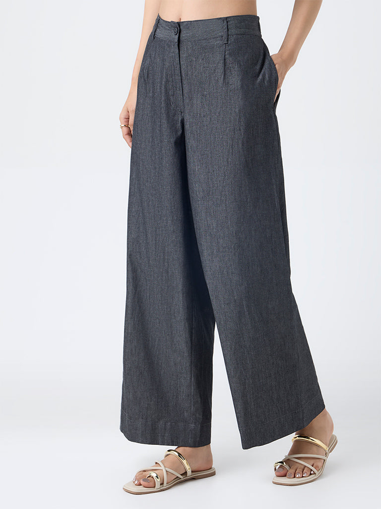 Utsa Black Solid Cotton Pants