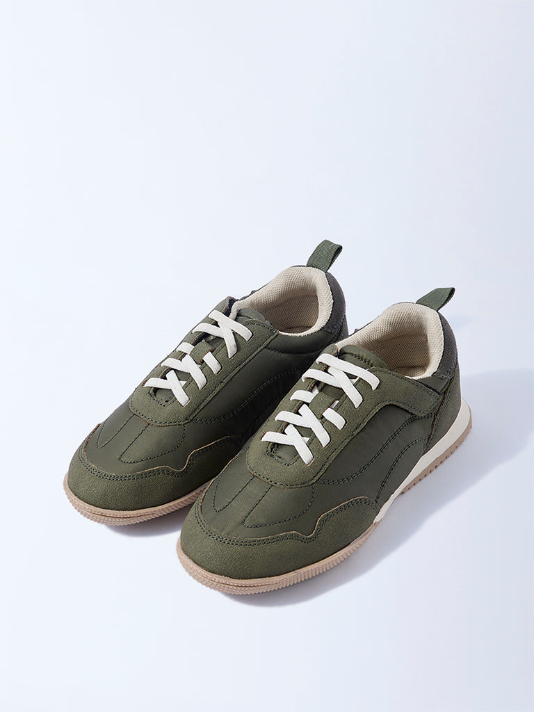 Yellow Olive Suede-Detail Lace-Up Sneakers