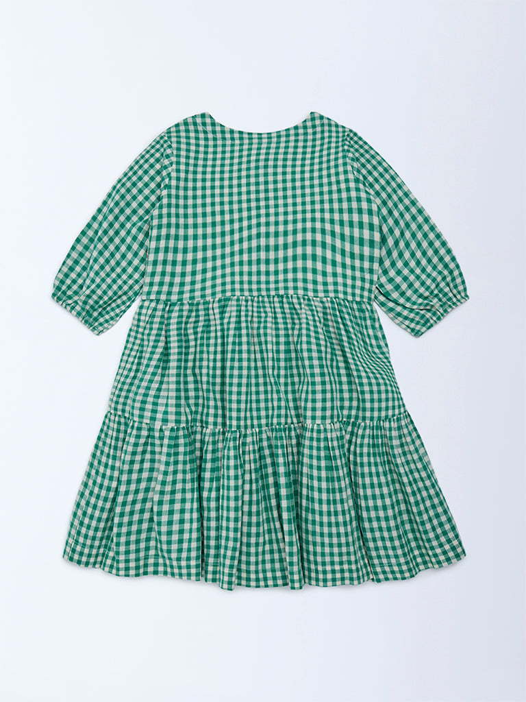 Utsa Kids Girls Green Gingham Checks Tiered Cotton Dress - (2-8 yrs)