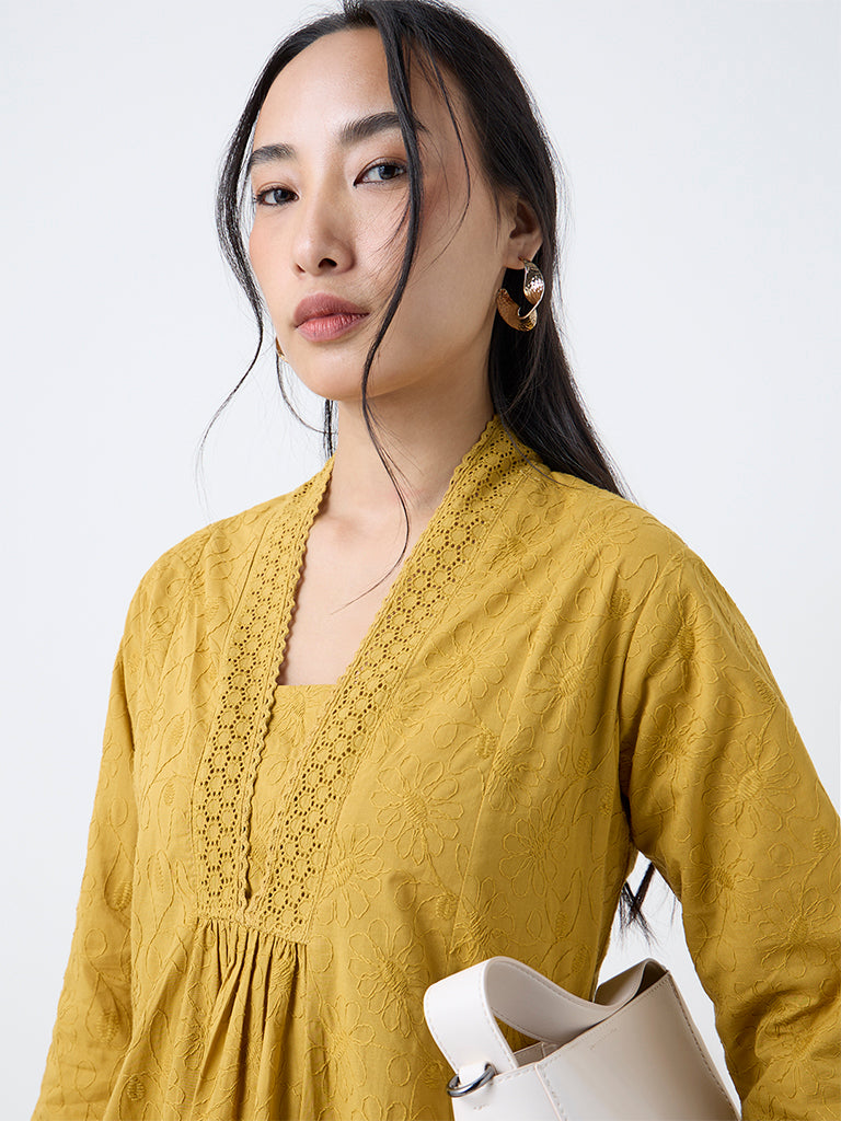 Utsa Mustard Floral Embroidered Cotton A-Line Kurta