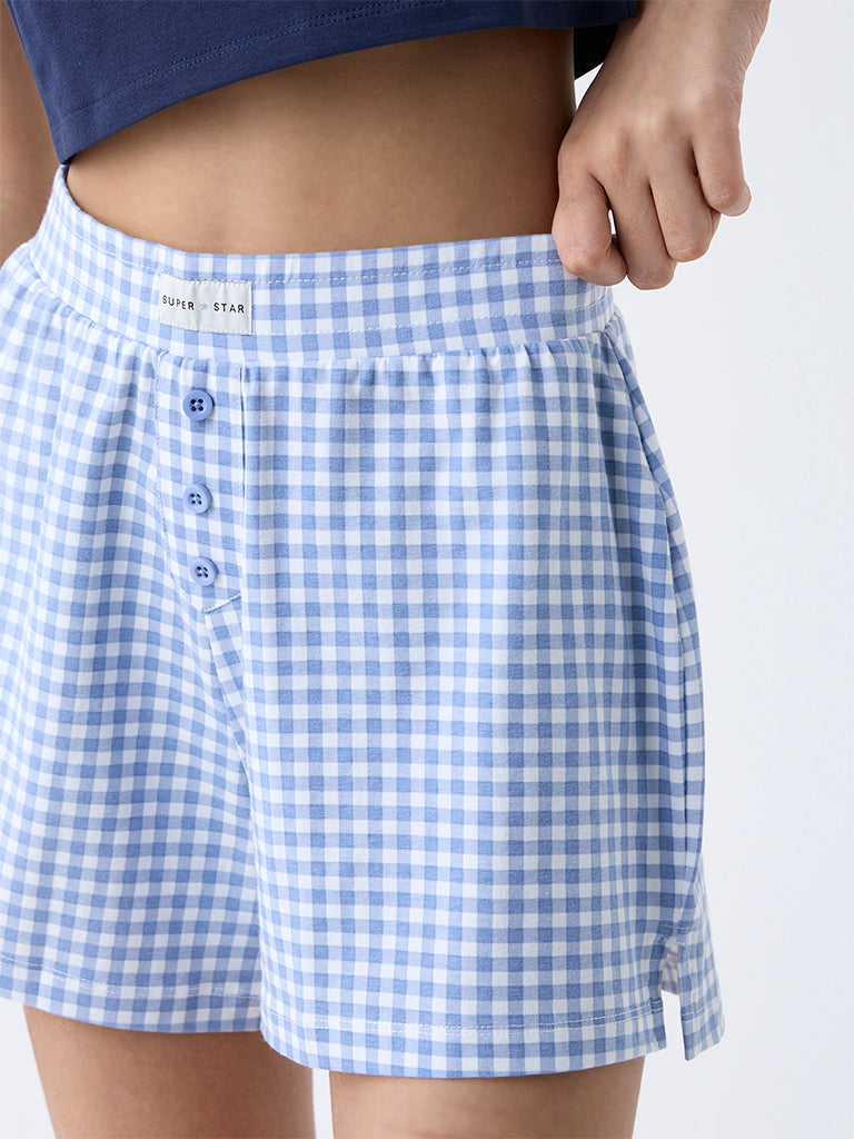 Superstar Blue Checkered Cotton-Blend High-Rise Shorts