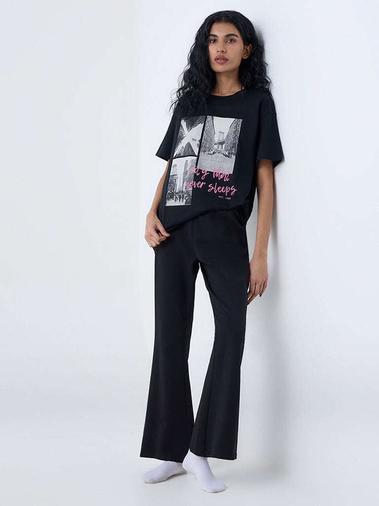Superstar Black Cityscape-Inspired Cotton T-Shirt