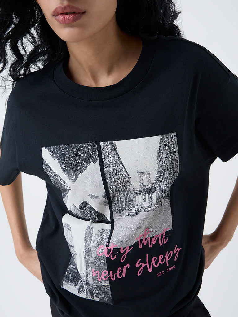 Superstar Black Cityscape-Inspired Cotton T-Shirt