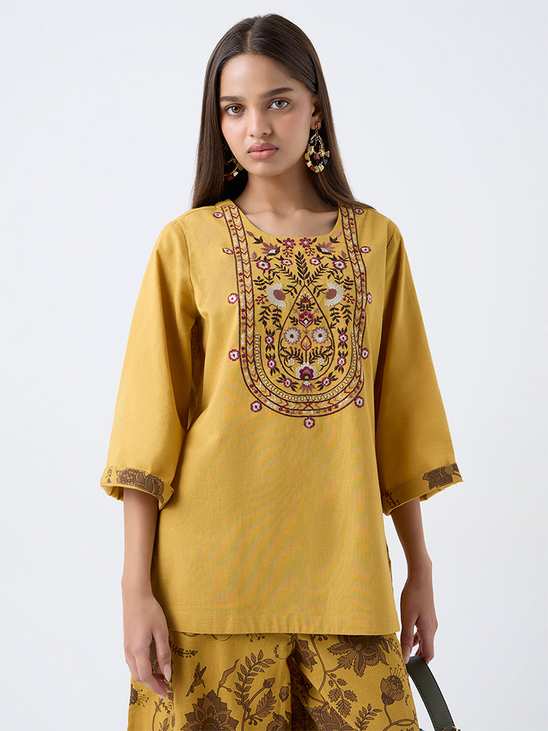 Utsa Mustard Embroidered Cotton-Blend Tunic