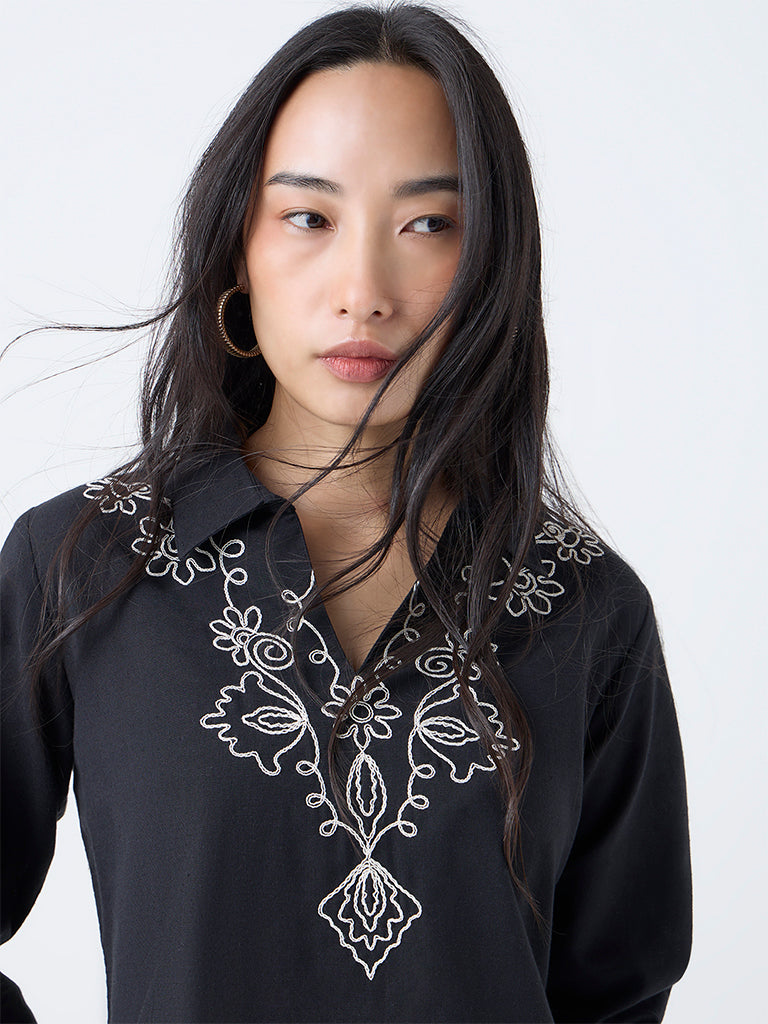 Utsa Black Embroidered Cotton-Blend Tunic