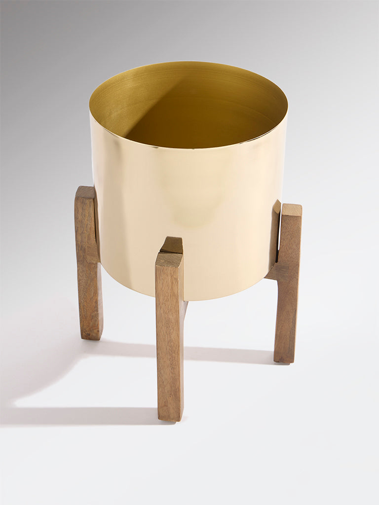 Westside Home Gold Metal Pot on Wooden Stand - Small