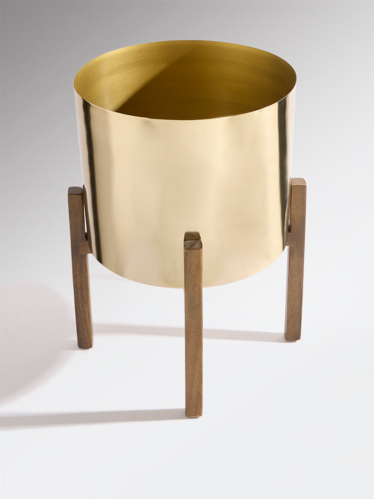 Westside Home Gold Metal Pot on Wooden Stand - Large