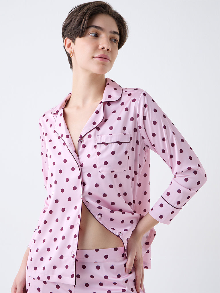 Wunderlove Pink Polka Dotted Satin Shirt with Pyjamas Set