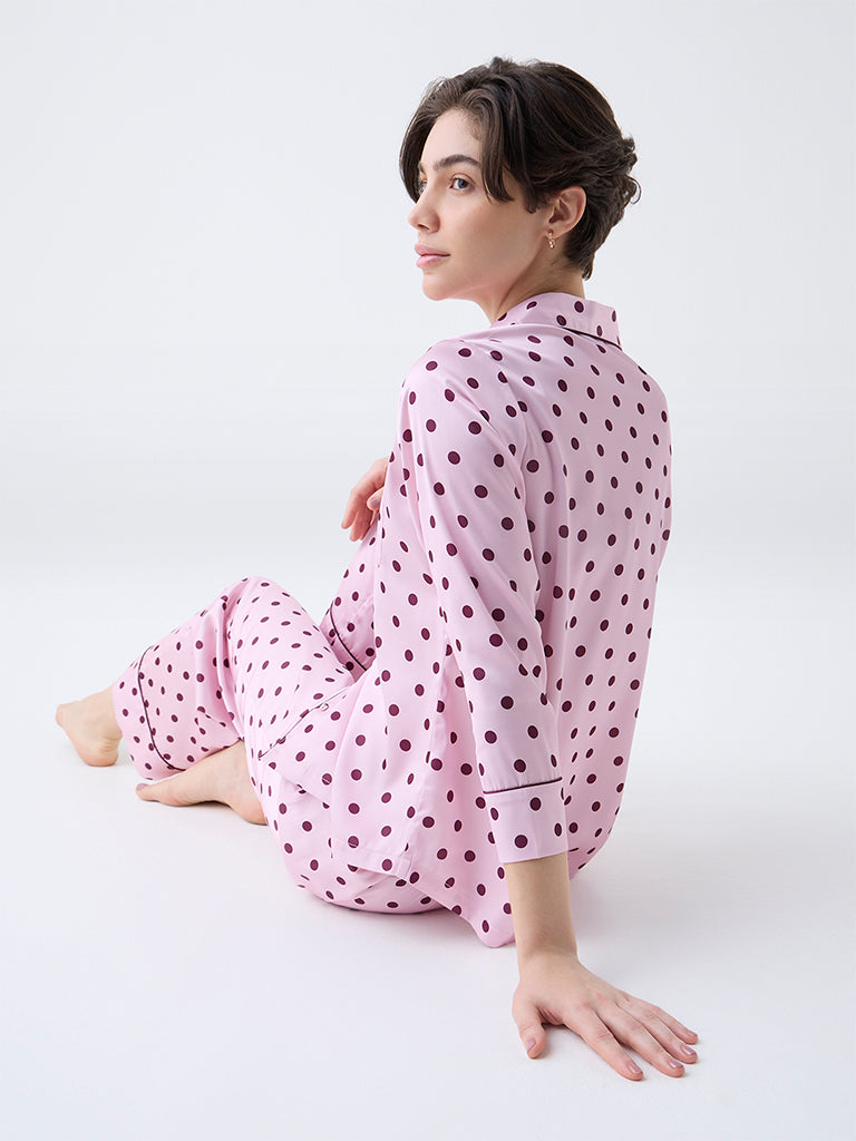 Wunderlove Pink Polka Dotted Satin Shirt with Pyjamas Set