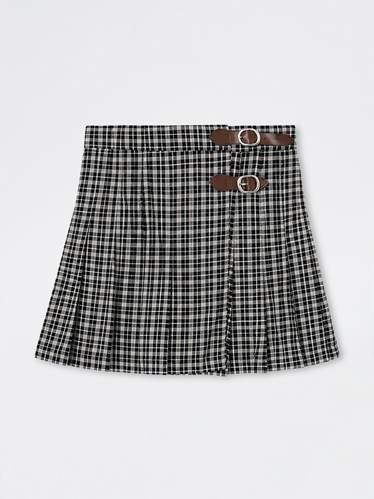 Nuon Brown Checkered High-Rise Cotton Skirt