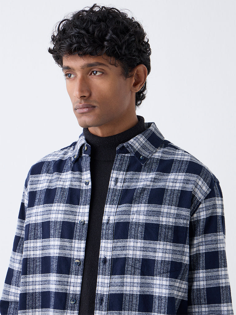 WES Casuals Navy Check Design Relaxed-Fit Cotton Shirt