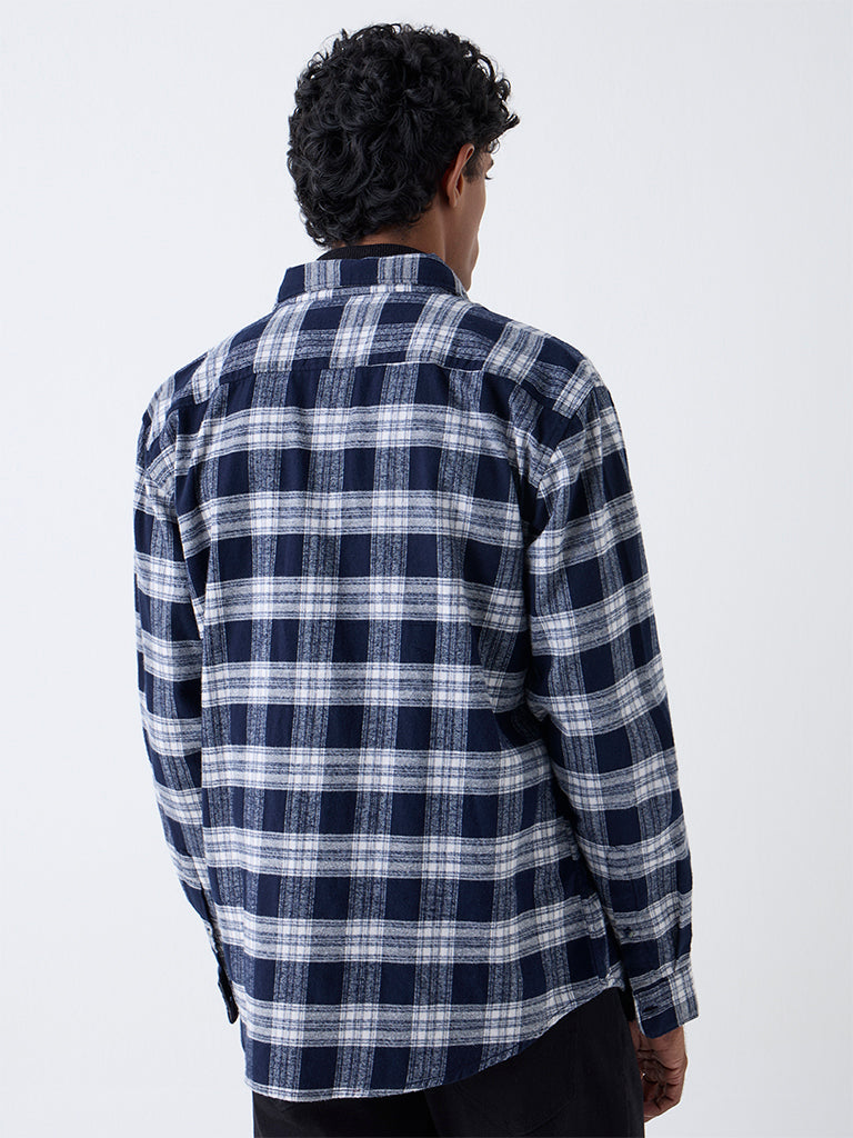 WES Casuals Navy Check Design Relaxed-Fit Cotton Shirt