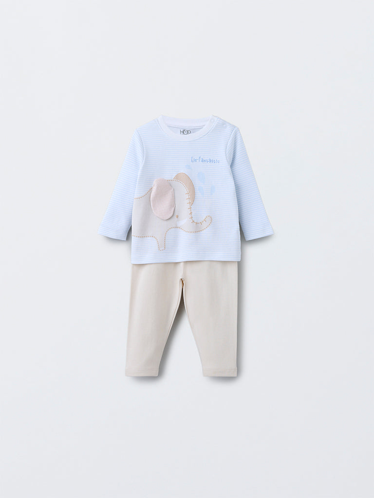 HOP Baby Boys Beige Animal Design Cotton T-Shirt with Pants Set