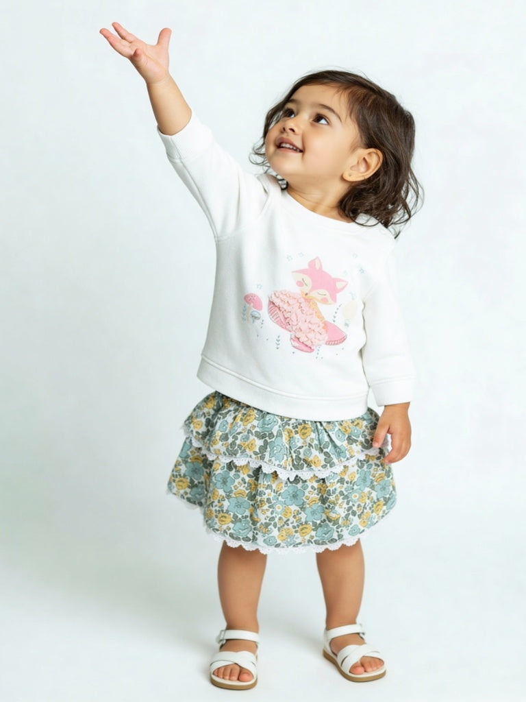 HOP Baby Girls White Printed Cotton-Blend Sweatshirt and Skirt Set