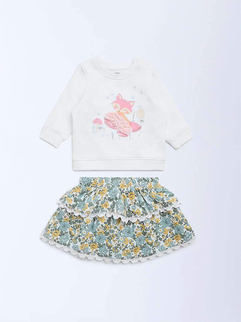 HOP Baby Girls White Printed Cotton-Blend Sweatshirt and Skirt Set