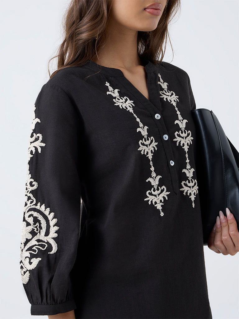 Utsa Black Embroidered Cotton A-Line Kurta