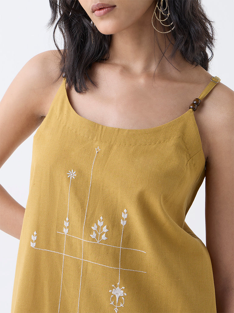 Utsa Mustard Embroidered Cotton-Blend A-Line Kurta