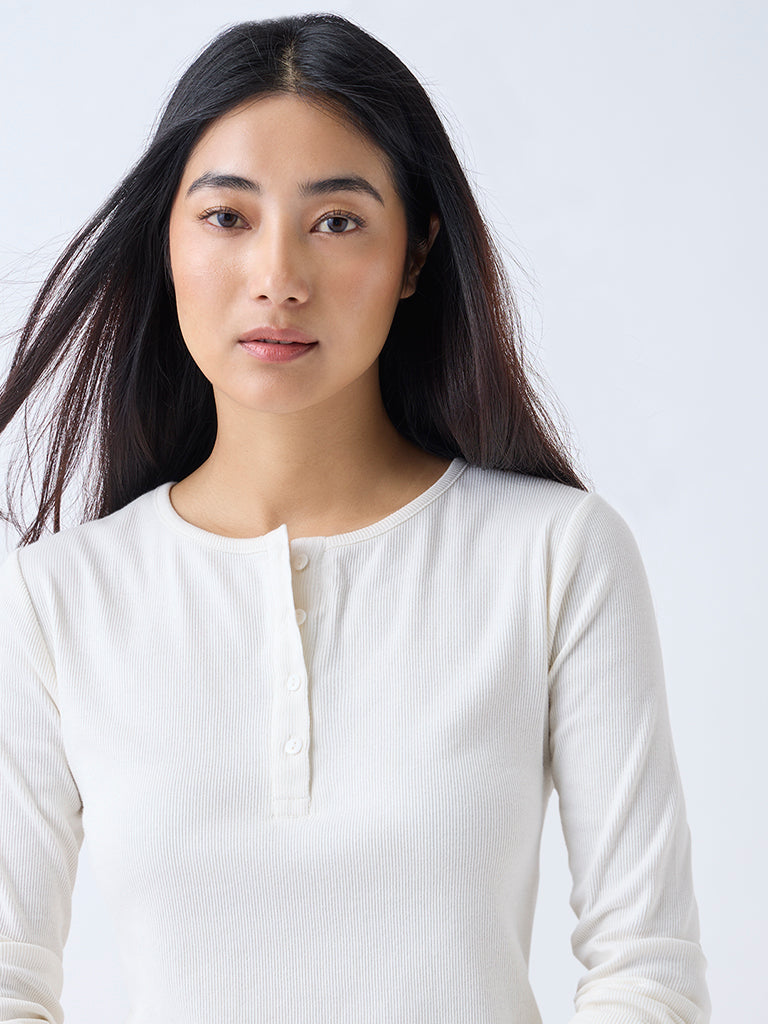 Wunderlove Off-White Ribbed Cotton-Blend Top