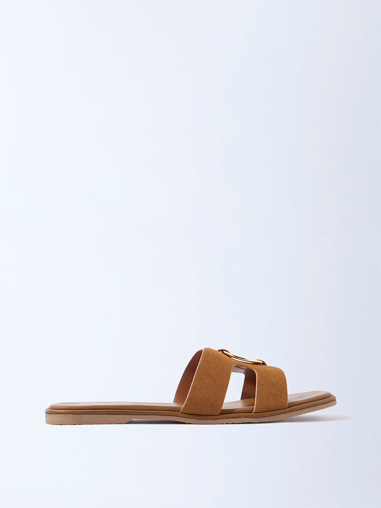 LUNA BLU Tan Buckle-Detailed Suede Slides - Exclusive