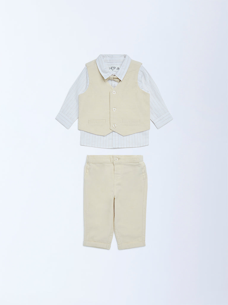 HOP Baby Boys Beige Solid Cotton Shirt, Waistcoat, Pants and Bow Set