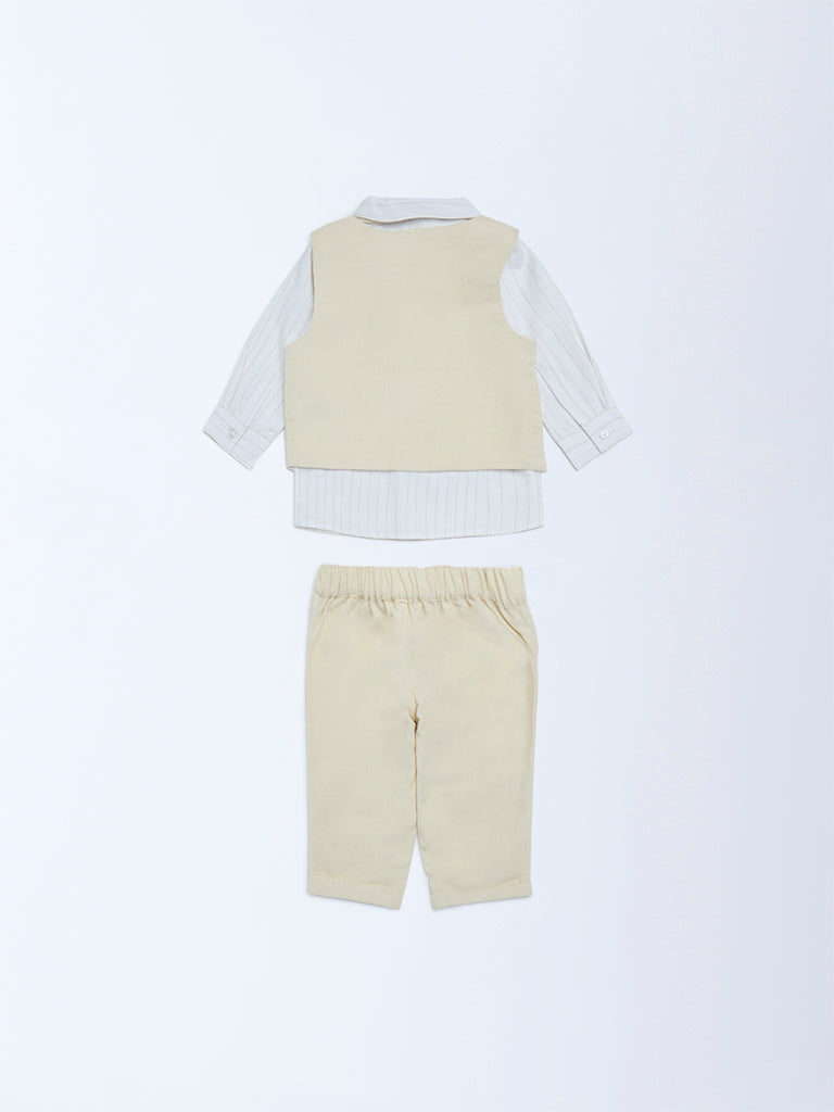 HOP Baby Boys Beige Solid Cotton Shirt, Waistcoat, Pants and Bow Set