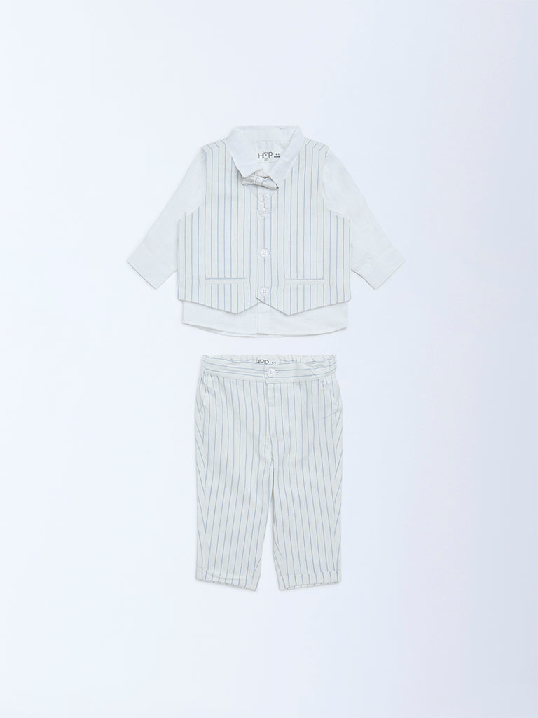 HOP Baby Boys Blue Striped Cotton Shirt, Waistcoat, Trousers & Bow Set
